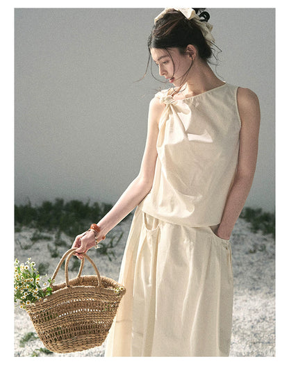 “Ivory Pleated Verse” Soft White Asymmetrical Twist Top & Skirt