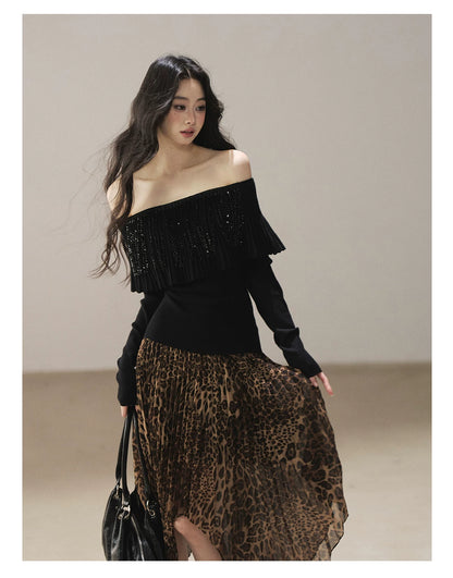AOMALM - “Cocoa Leopard” Pleated Asymmetric Midi Skirt