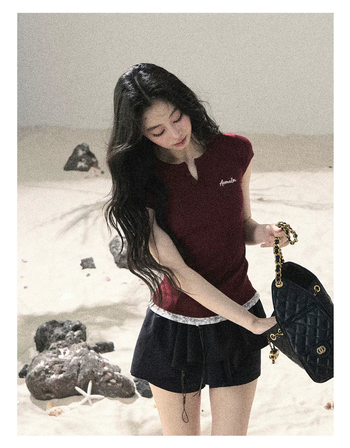 "Letter from the Tides" Burgundy Red Faux Two-Piece Lace Waist-Fit Crop Top 452436