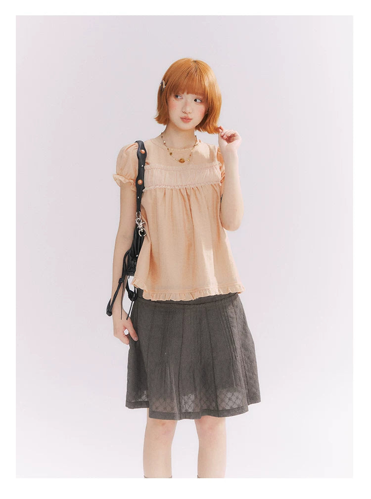 “Orange Soda” Seashell Orange Mesh Panel Puff Sleeve Top
