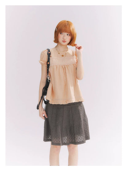 “Orange Soda” Seashell Orange Mesh Panel Puff Sleeve Top