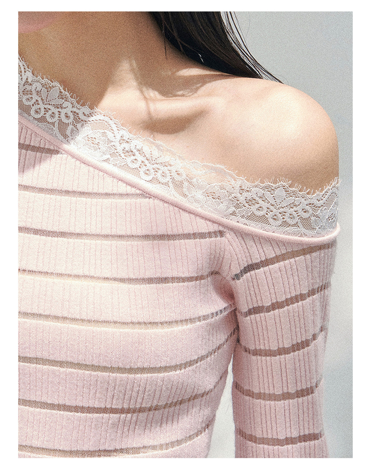少也眼 “A Gentle Glance” One-Shoulder Lace Knit Long-Sleeve Top - Soft Pink 43552