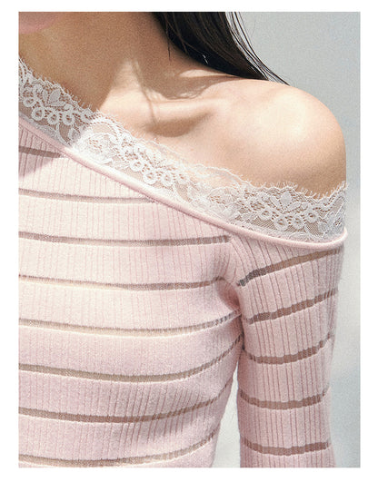 少也眼 “A Gentle Glance” One-Shoulder Lace Knit Long-Sleeve Top - Soft Pink 43552