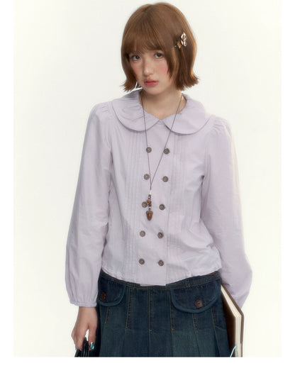 “Academy Melody” Navy Plaid & Dusty Purple Peter Pan Collar Cotton Shirt (Navy Plaid / Dusty Purple)