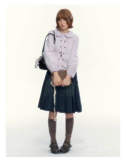 “Academy Melody” Navy Plaid & Dusty Purple Peter Pan Collar Cotton Shirt (Navy Plaid / Dusty Purple)