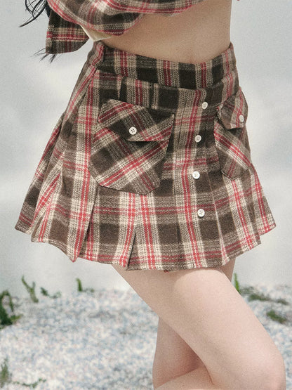 “Café Daydream” British Plaid Shirt & Mini Skirt Set