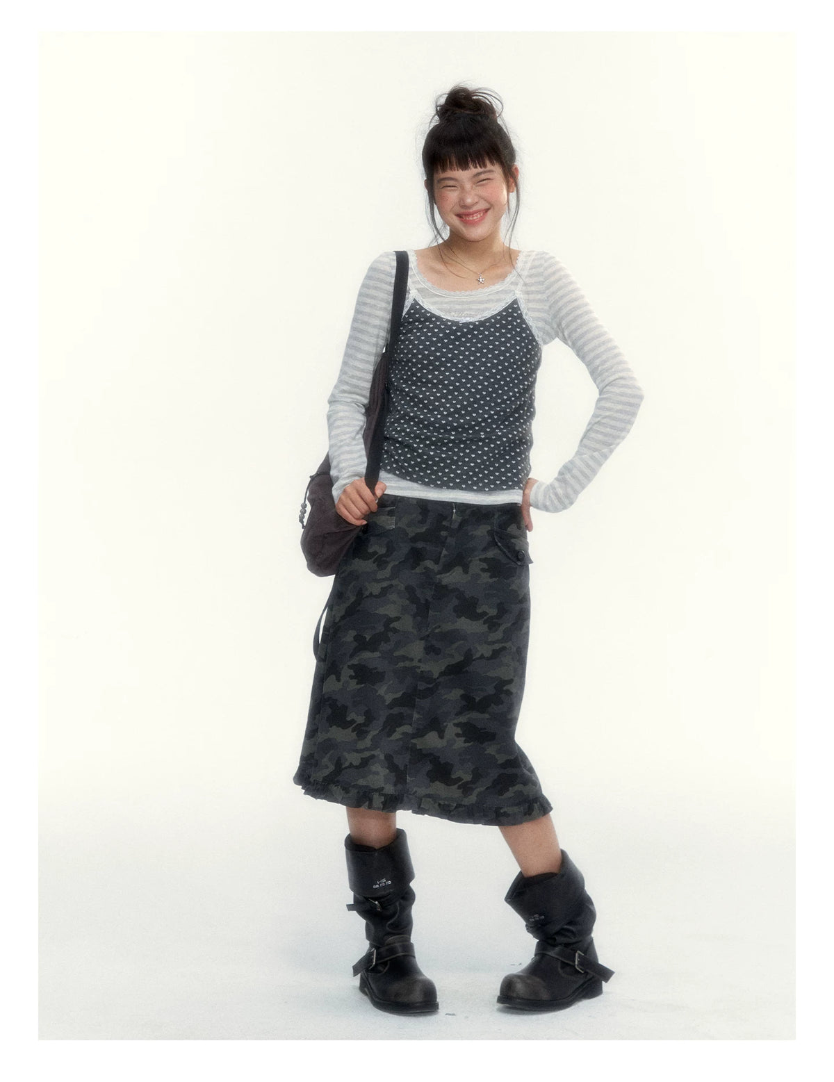 “Heart Dot” Charcoal Polka Dot Lace Trim Fitted Knit Cami