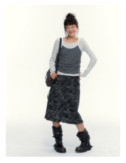 “Heart Dot” Charcoal Polka Dot Lace Trim Fitted Knit Cami