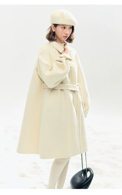 "Black & White Waltz" Hand-Stitched Wool-Blend Swing Coat (Ivory/ Black)