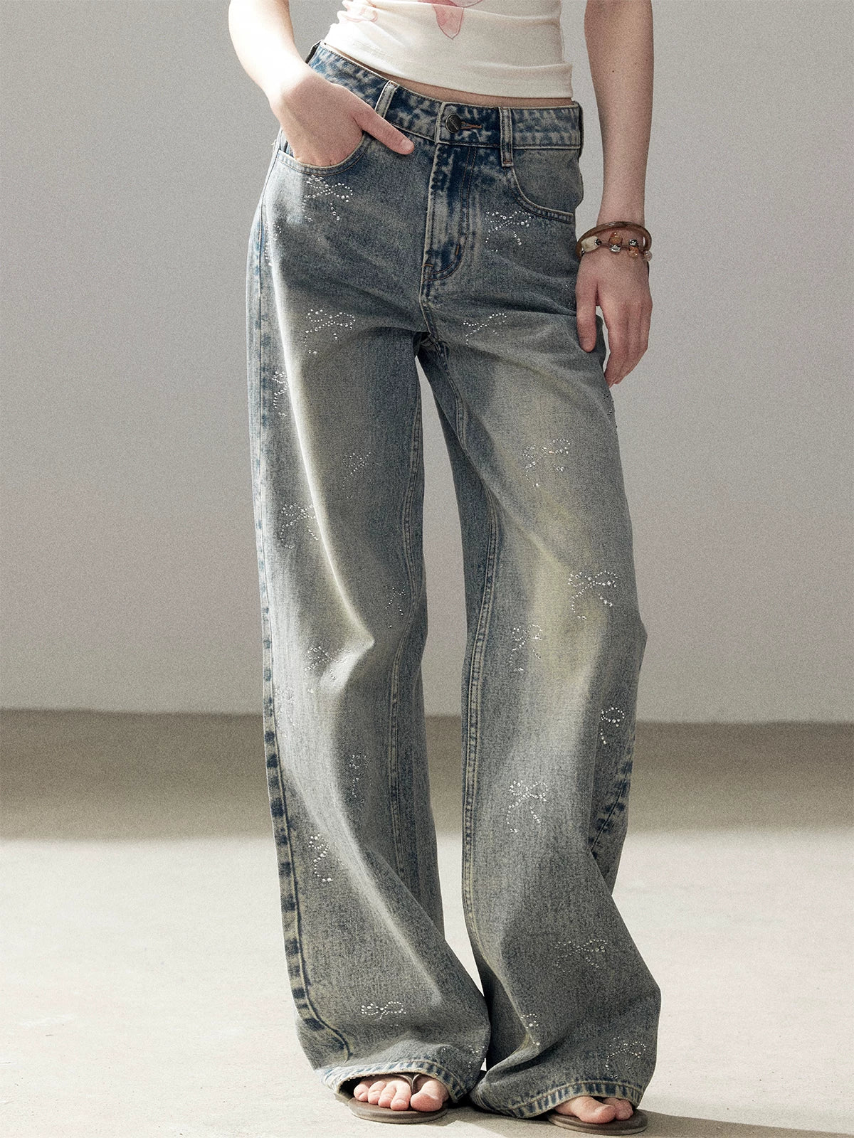 "Passing By the Sea" Vintage Blue Rhinestone Bow Wide-Leg Jeans