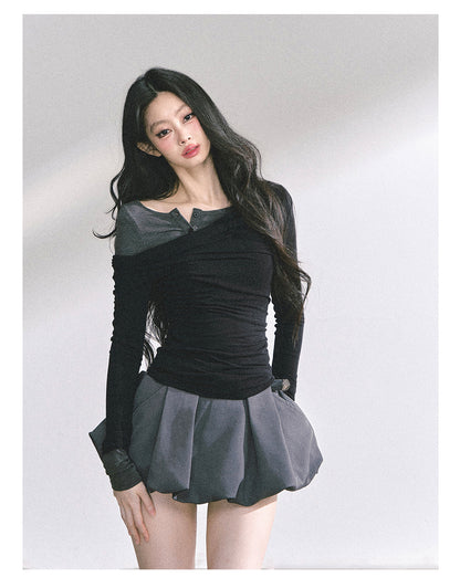 少也眼 "Seoul Toccata" Layered Off-Shoulder Long Sleeve Tee - Black-Gray 2536486