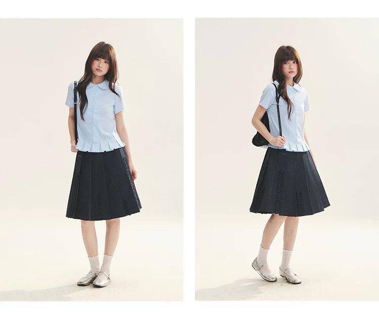 "Citrus Sea Salt" Stripe Lace Peter Pan Collar Pleated Shirt (White Blue / Blue White)