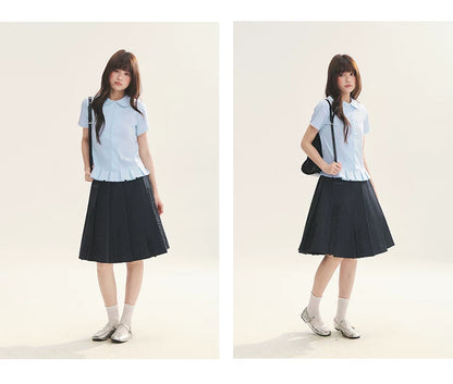 "Citrus Sea Salt" Stripe Lace Peter Pan Collar Pleated Shirt (White Blue / Blue White)
