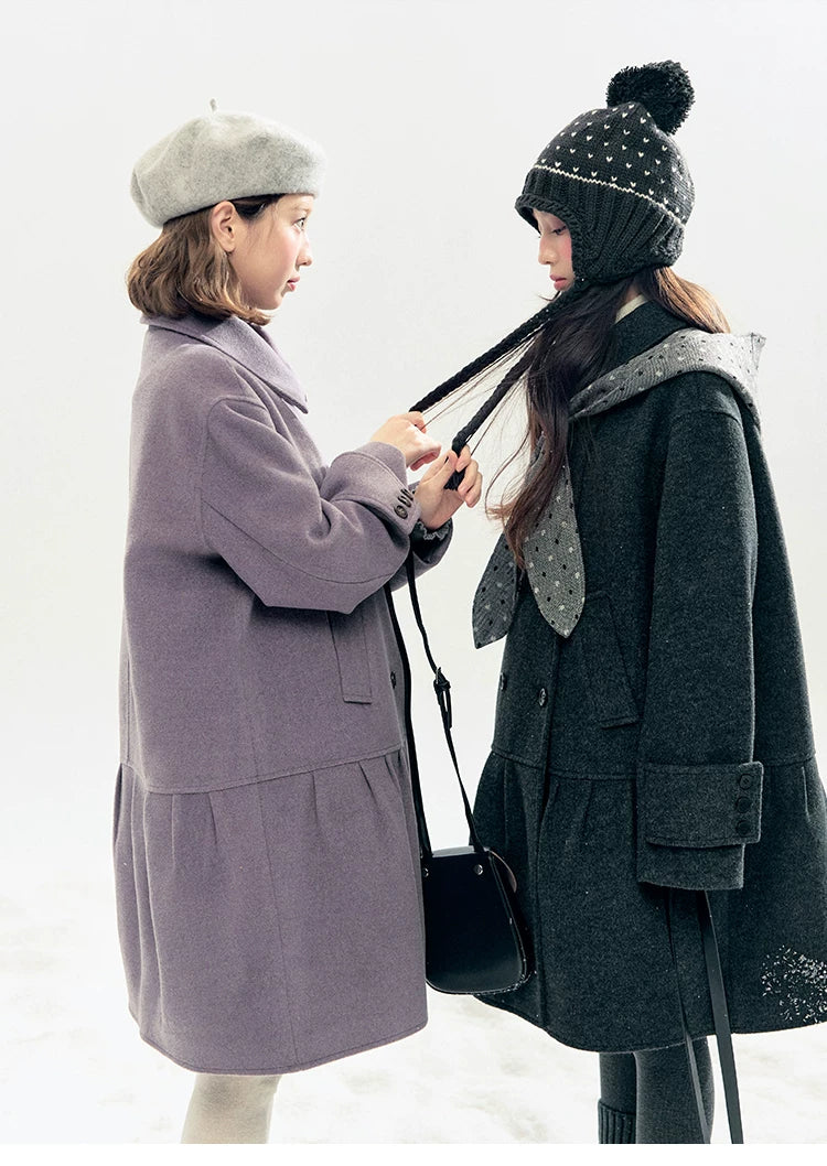 "Winter Chime" Double-Breasted Quilted Wool-Blend Coat (Smoky Purple/ Ash Gray)