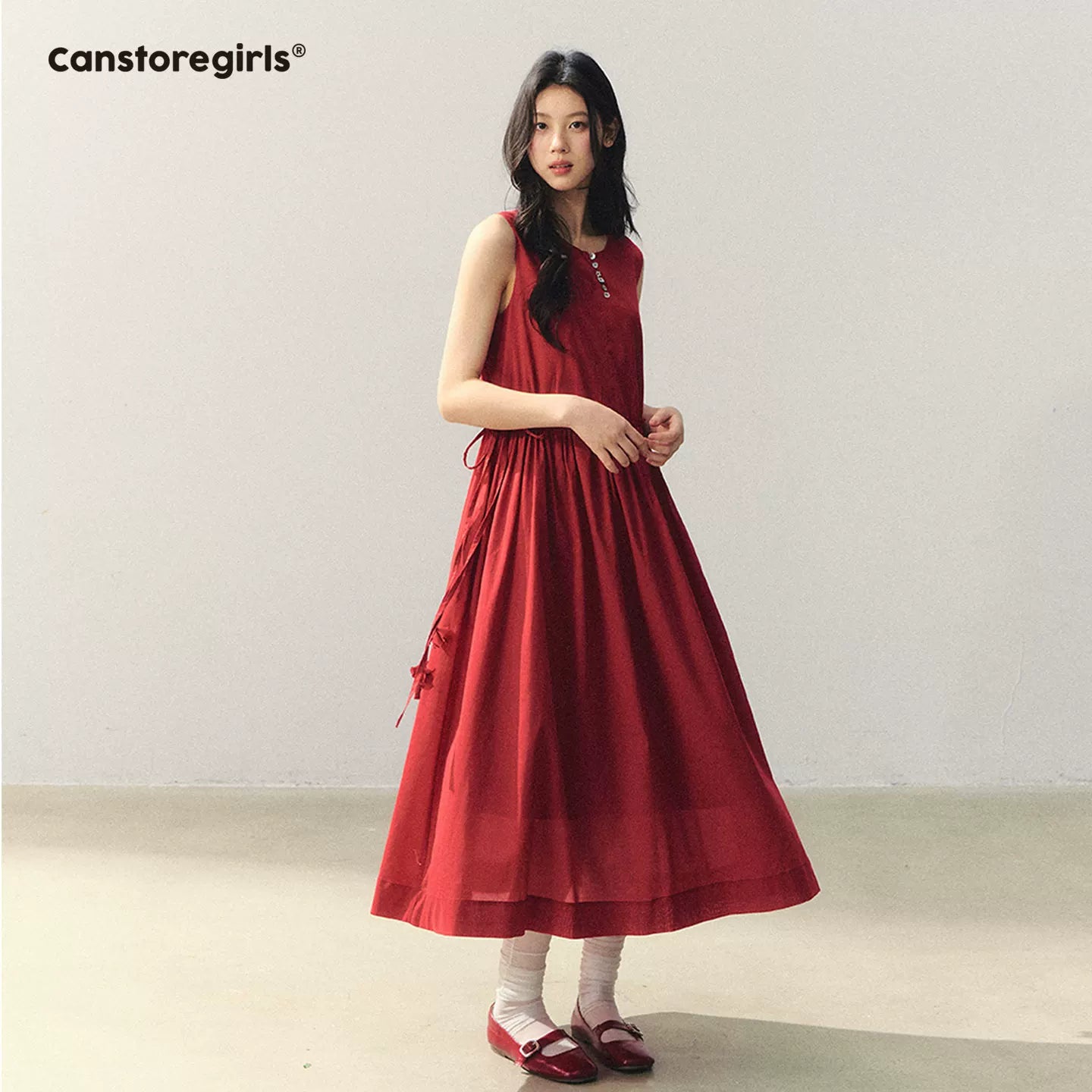 "Hyacinth in Red Dress" Sleeveless A-line Midi Dress LL2026005
