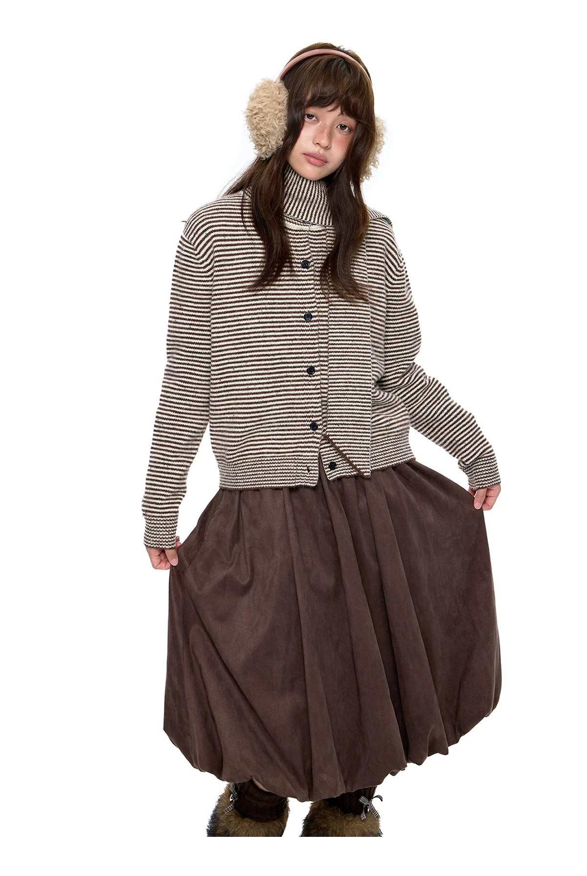 EZEK | Speckled Crew Neck Cardigan Sweater (Gray / Caramel)