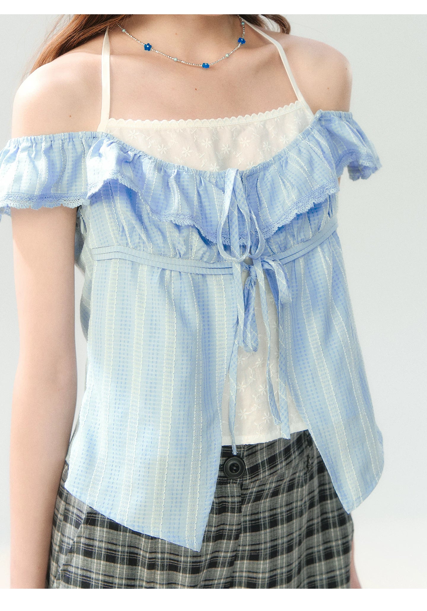 "Blue Mist Academy" Embroidered Off-Shoulder Layered Blouse SH2026204