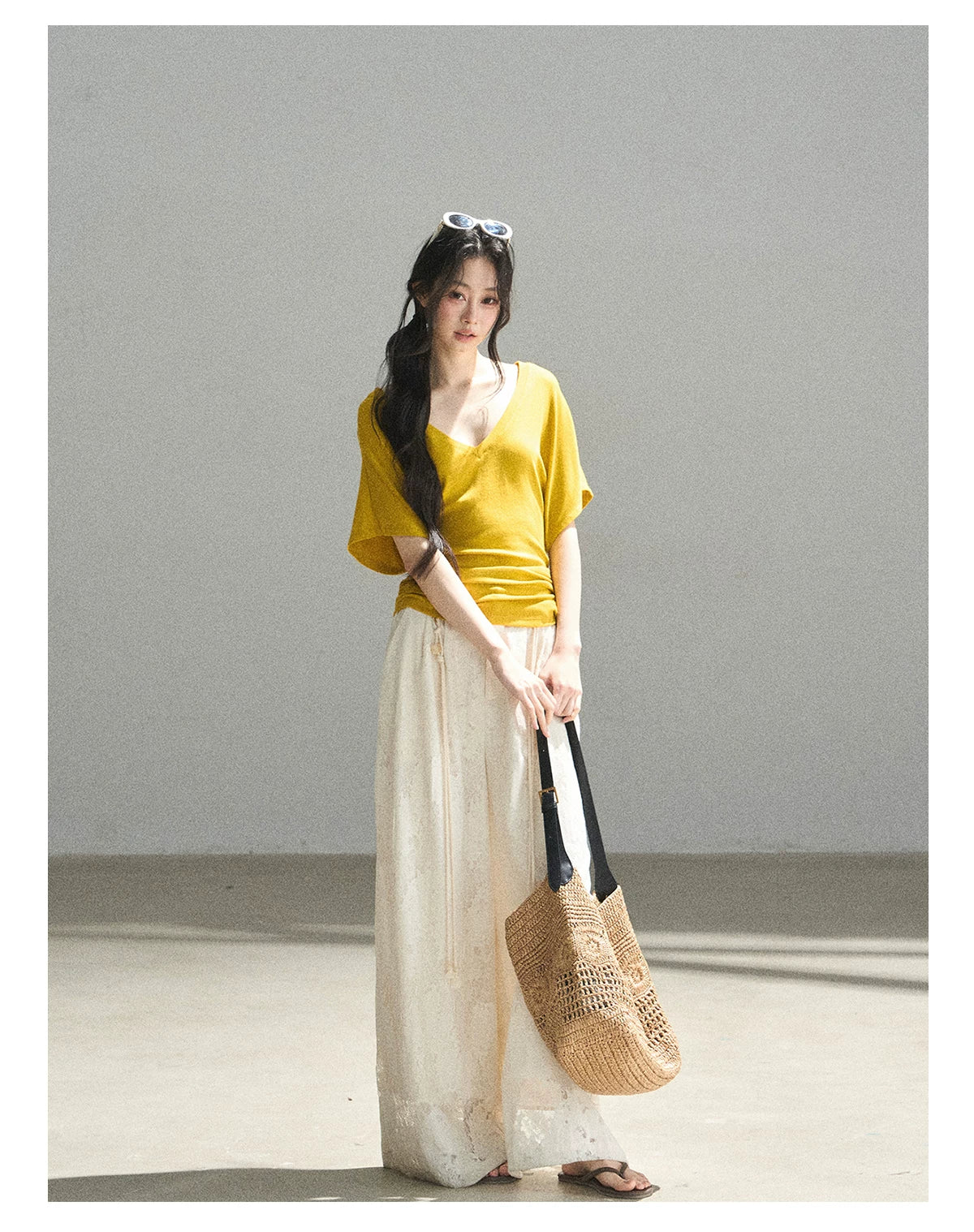 "The First Ray of Sunshine" V-Neck Crop Tee (Ginger Yellow. Creamy Apricot White)