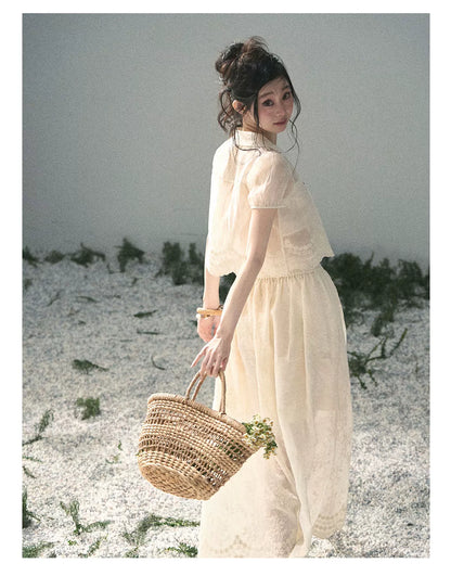 "Apricot Blossom After Rain" Dutch Cheese Lace Blouse & Maxi Skirt Set 532453
