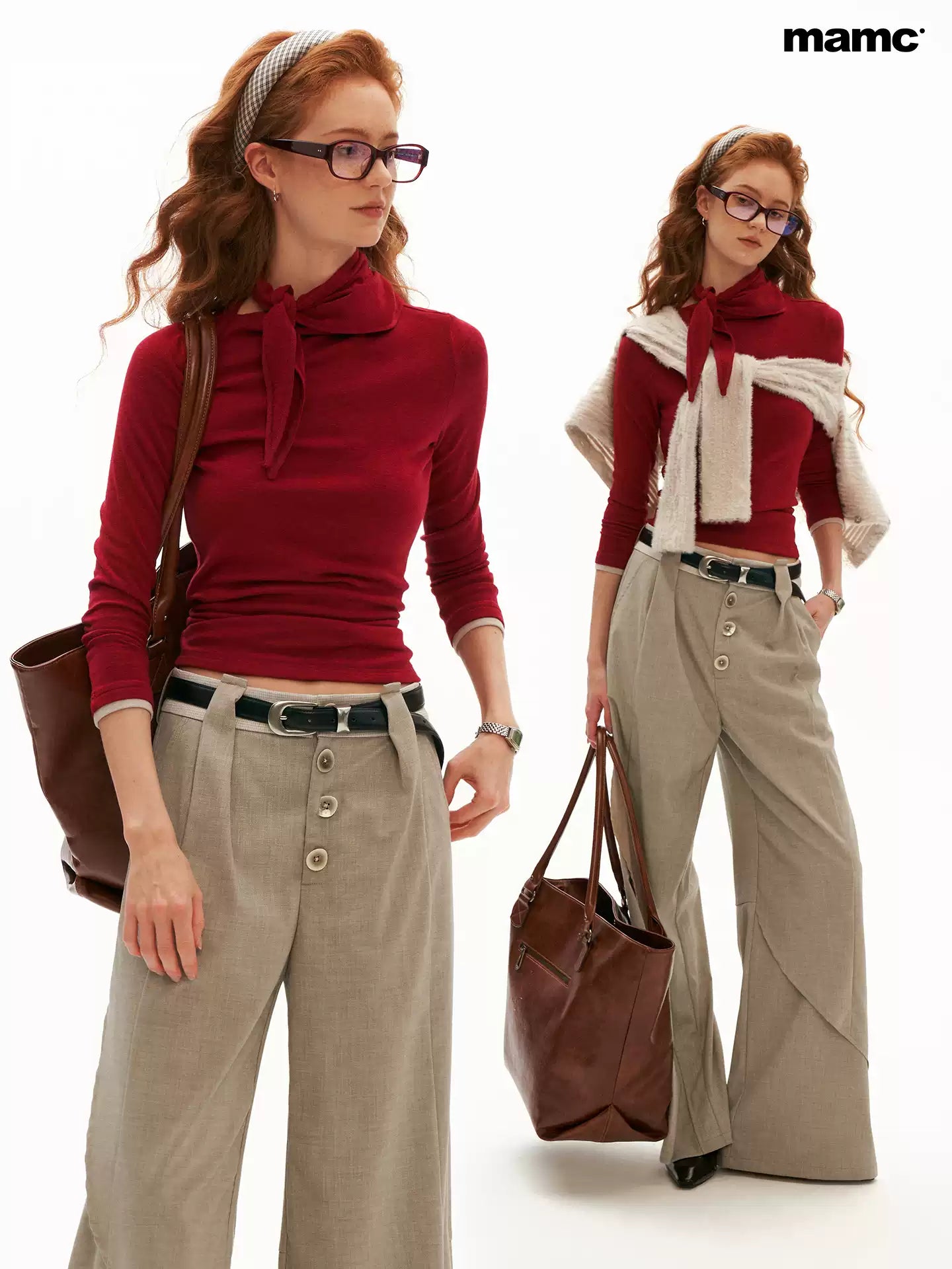 MAMC - Soft Wrap-Tie Fitted Long-Sleeve Top (Red / Black / White / Gray)