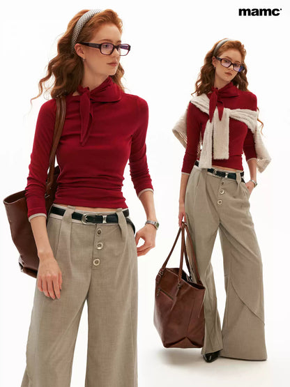 MAMC - Soft Wrap-Tie Fitted Long-Sleeve Top (Red / Black / White / Gray)