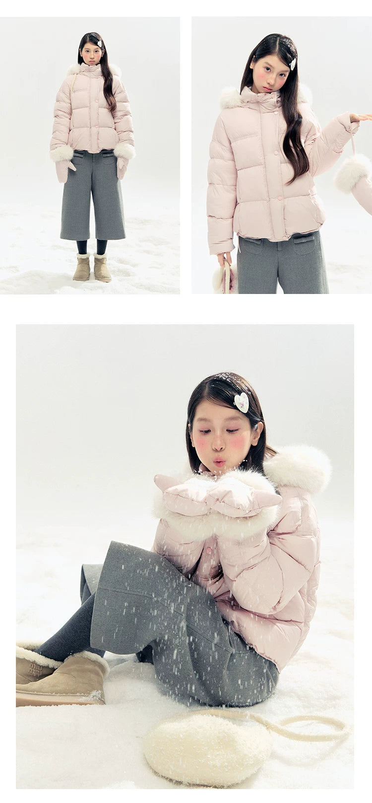 "Snowland Sprite" Peach Blush Lilac Hooded Down Jacket with Detachable Faux Fur Trim & Gloves