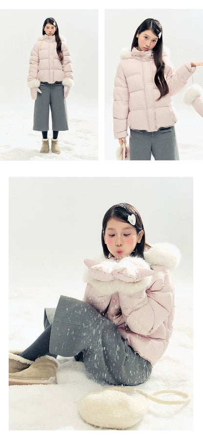 "Snowland Sprite" Peach Blush Lilac Hooded Down Jacket with Detachable Faux Fur Trim & Gloves