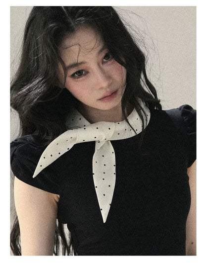 "Flowing Starlight" Tranquil Black Polka Dot Bow Puff Sleeve Top 536434545
