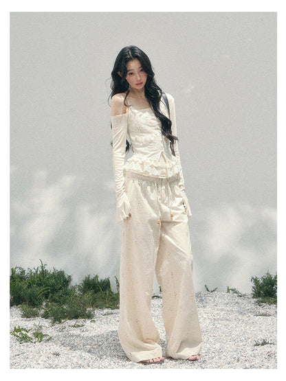 少也眼 “Lace Over the Shoulder” Asymmetrical Layered Lace Long Sleeve Top 45635485