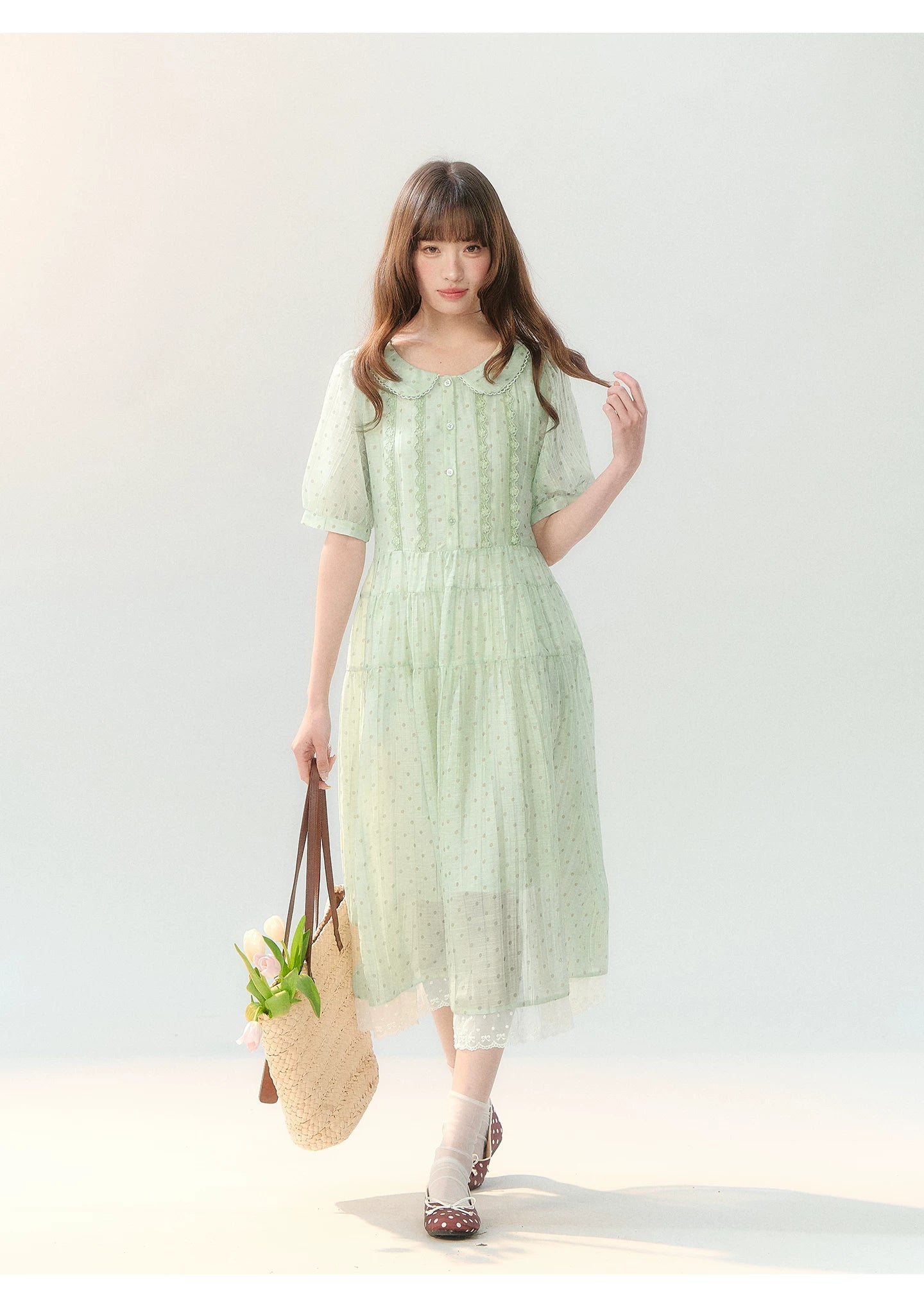 "Hyacinth Ballad" Sage Green Polka Dot Tiered Dress LL2026210