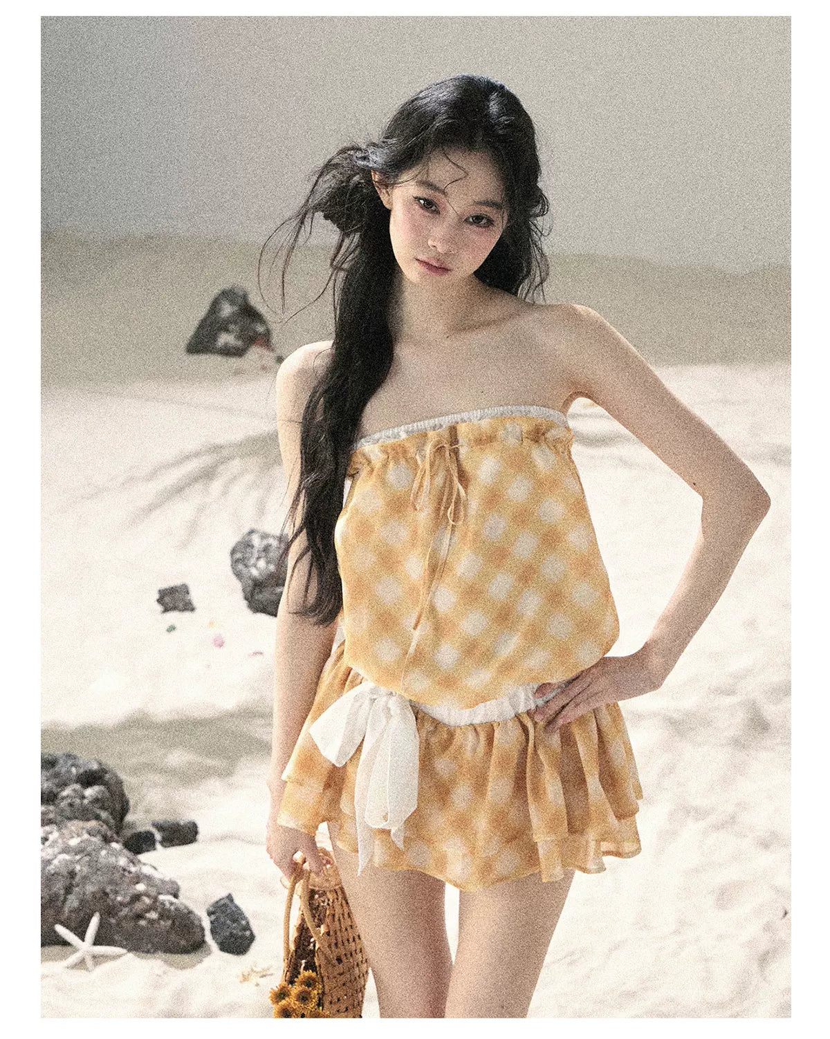 "Breeze Upon the Waves" Cheese Yellow Off-Shoulder Diamond Quilted Mini Dress