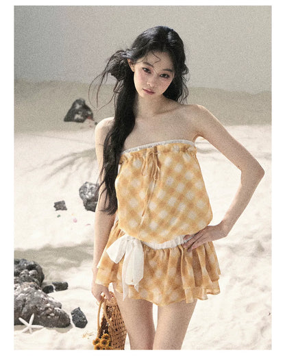 "Breeze Upon the Waves" Cheese Yellow Off-Shoulder Diamond Quilted Mini Dress