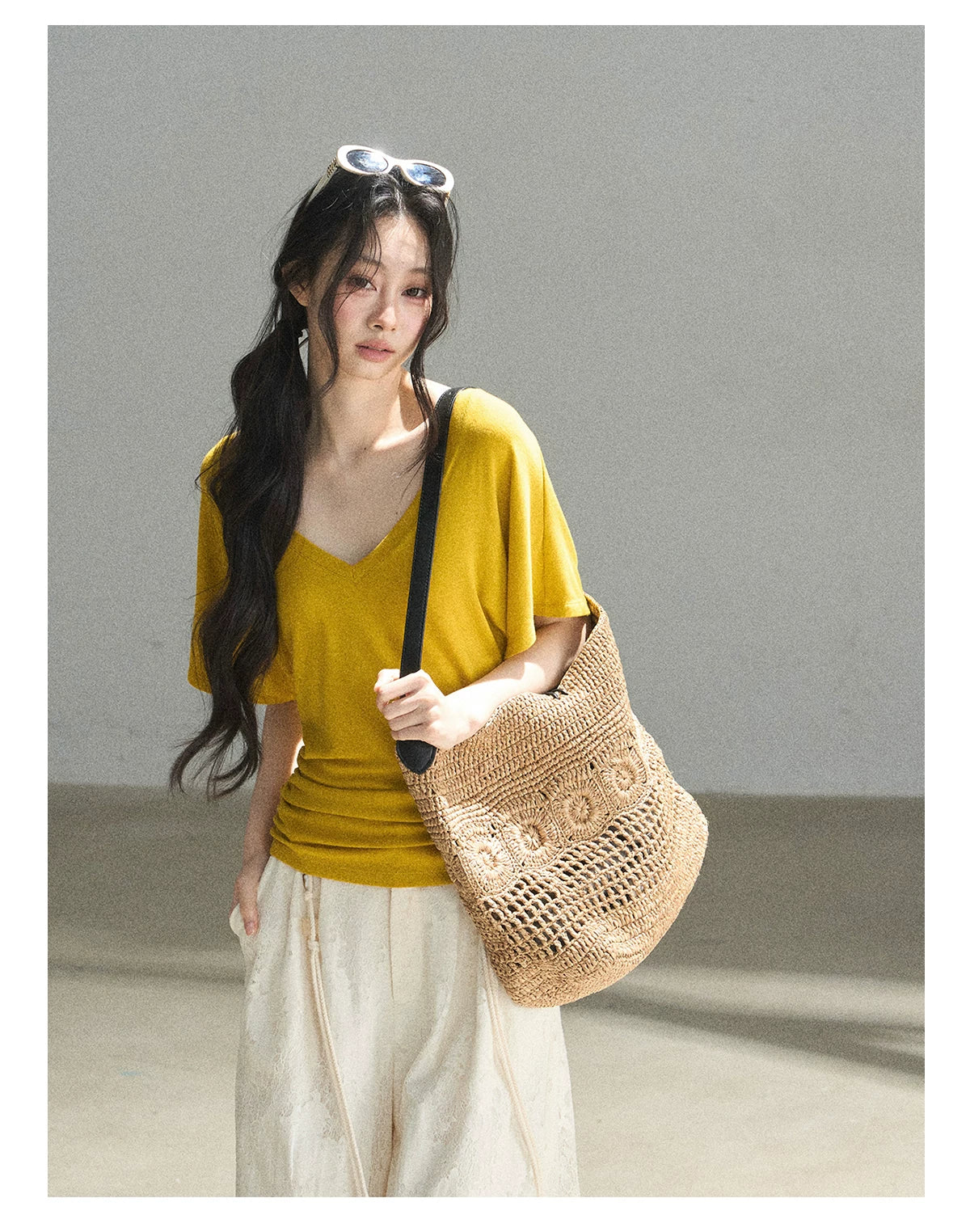 "The First Ray of Sunshine" V-Neck Crop Tee (Ginger Yellow. Creamy Apricot White)