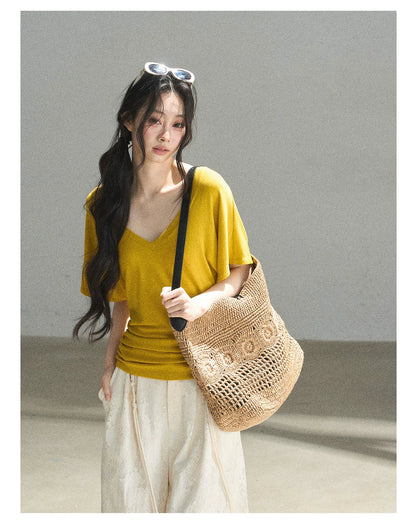 "The First Ray of Sunshine" V-Neck Crop Tee (Ginger Yellow. Creamy Apricot White)