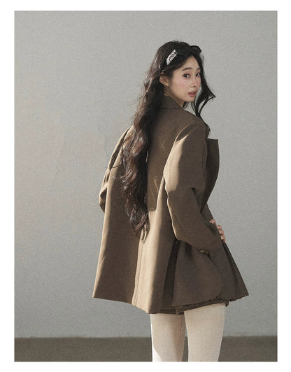 AOMALM - “Evening Breeze in the Valley” Chestnut Brown Blazer, Cami & Pleated Skort Set