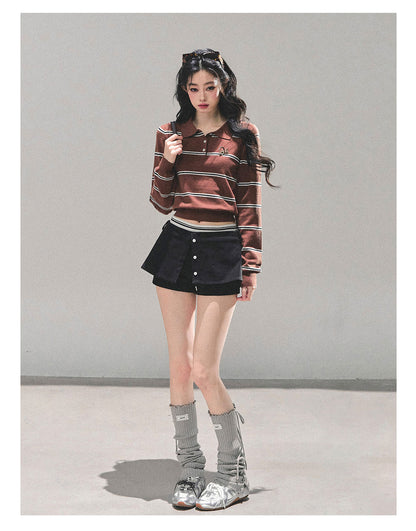少也眼 “Between Illusion and Reality” Knit Polo Top - Mocha Brown 98465165