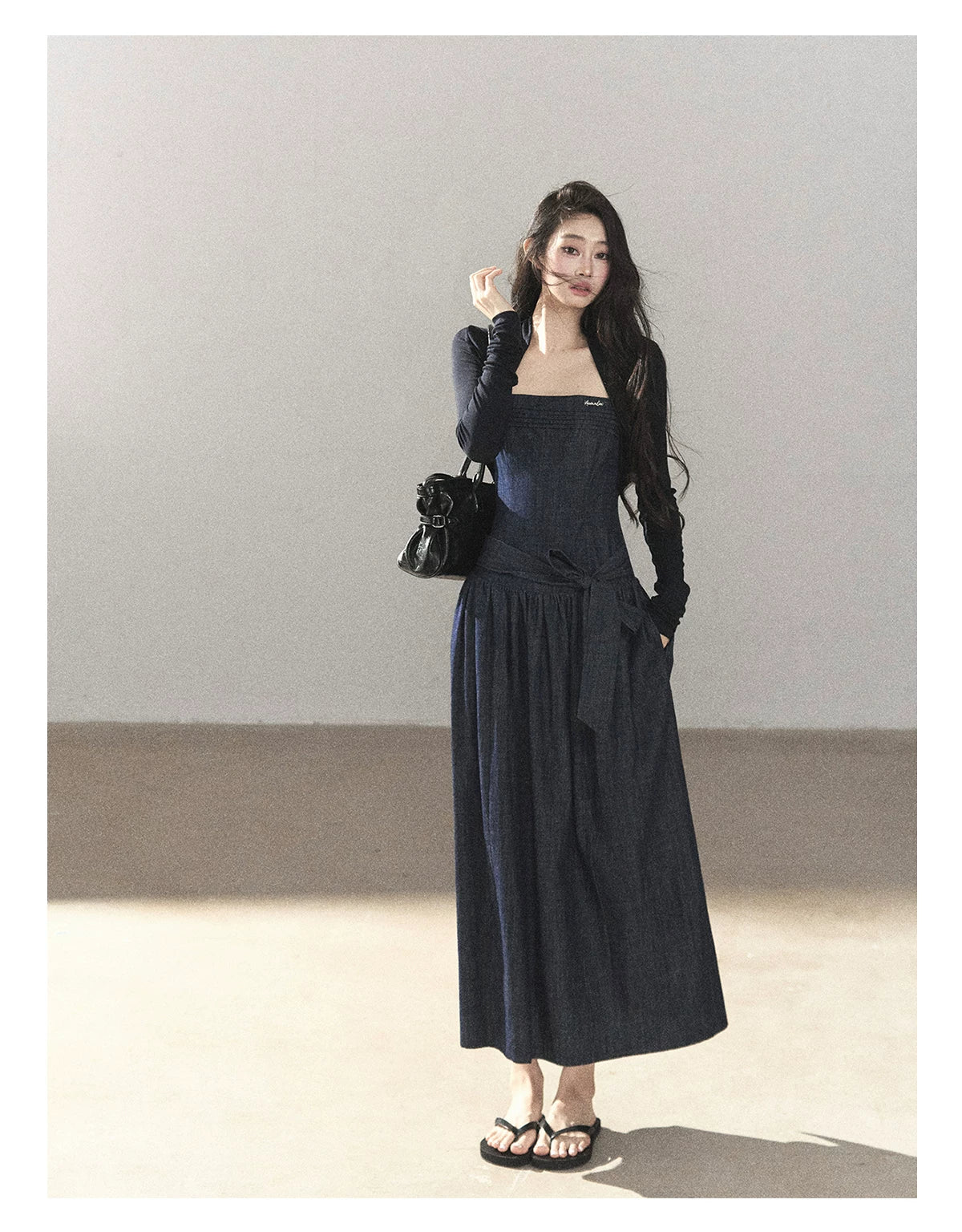 AOMALM - Navy Denim Long Dress with Matching Cardigan & Side Slit