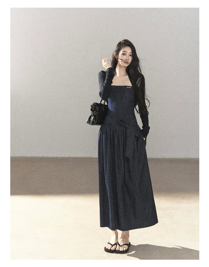 AOMALM - Navy Denim Long Dress with Matching Cardigan & Side Slit