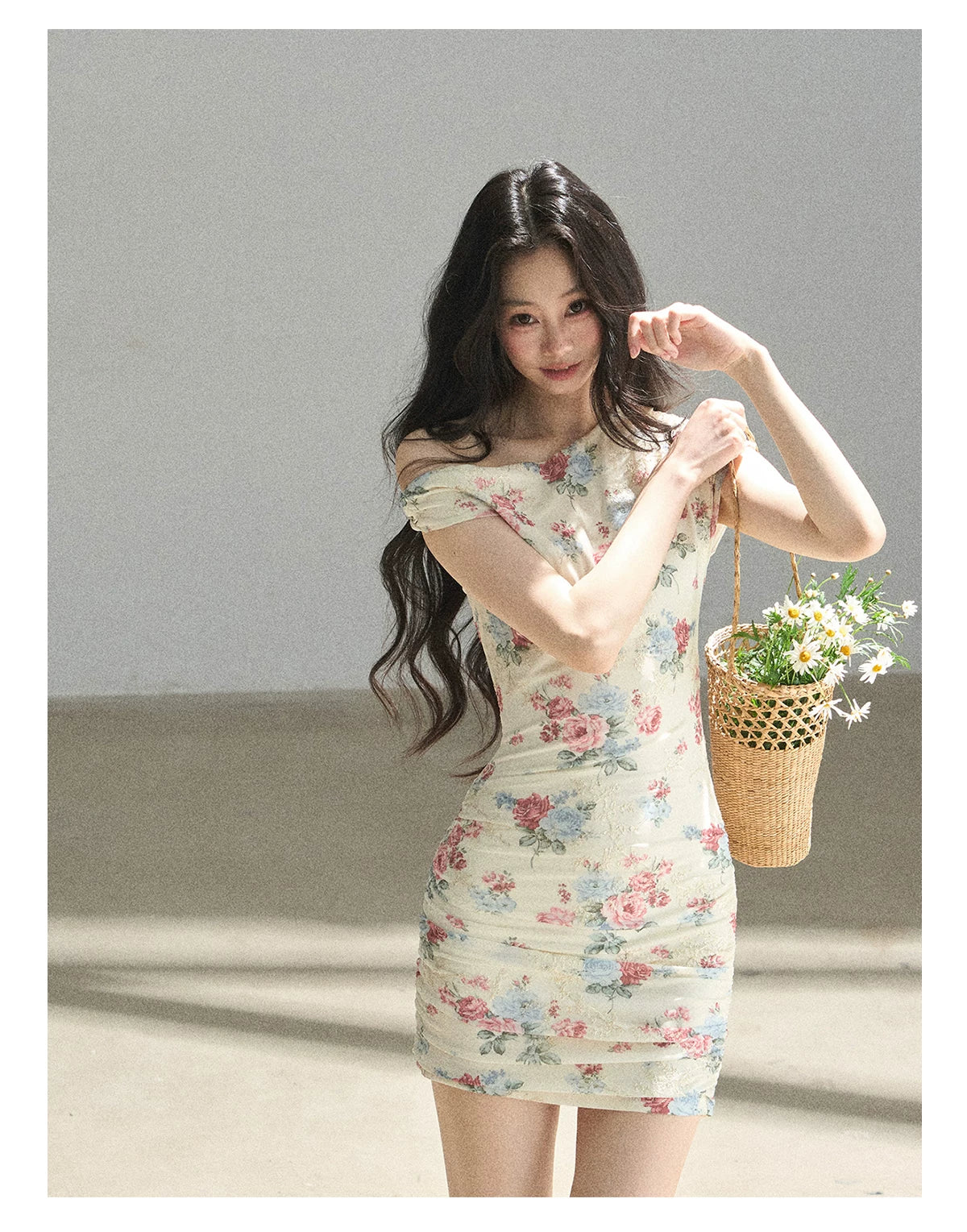 "Flowers & Sunlight" Dutch Cream Off-Shoulder Mesh Bodycon Mini Dress
