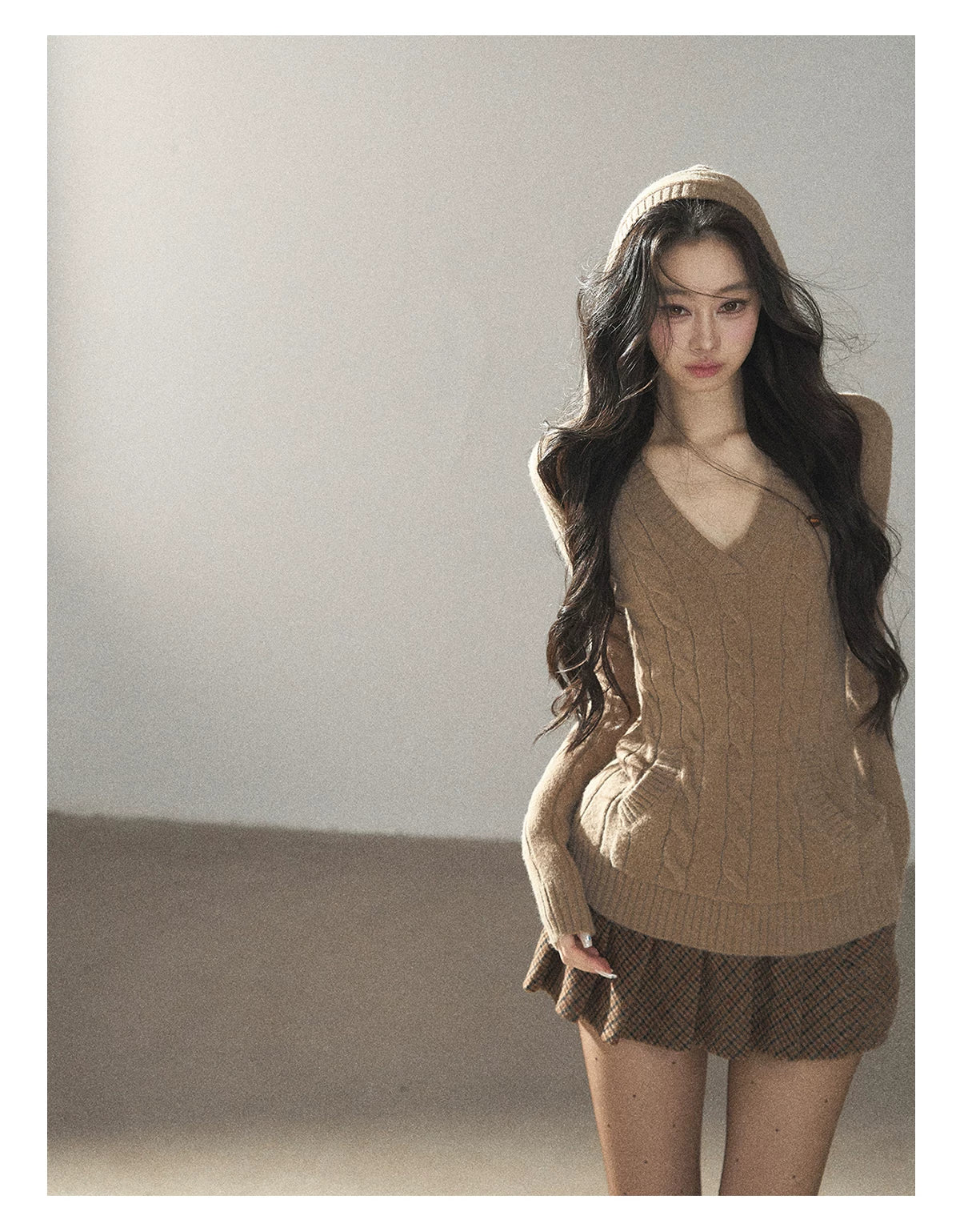 AOMALM - Oatmeal Hooded Deep V-Neck Cable Knit Top
