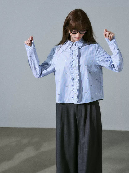 LOST FOREST - Blue Stripe Floral Jacquard Cropped Shirt