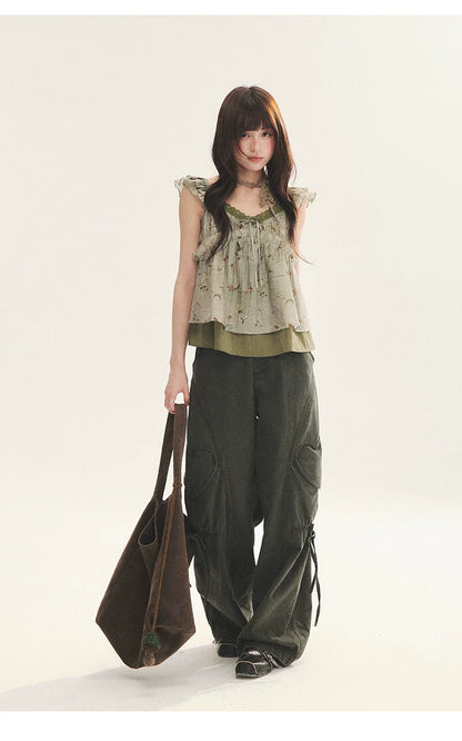 "Enchanted Forest" Moss Green Floral Lace Ruffle Cami Top