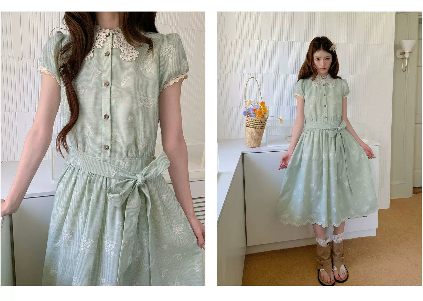 “Sage Meadow Reverie” Sage Green Embroidered Shirt Dress