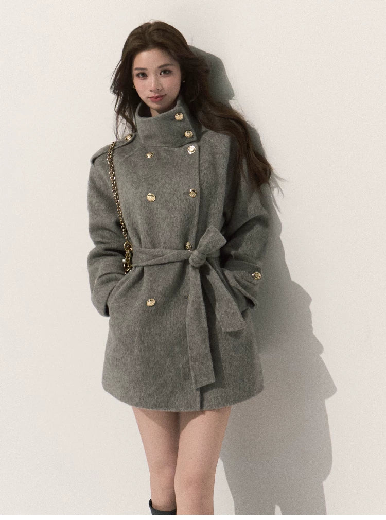 OAKMOO/ Pure Wool Belted Double-Faced Stand Collar Coat (Silver Blue / Flint Gray)