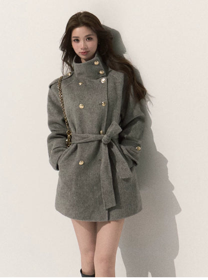 OAKMOO/ Pure Wool Belted Double-Faced Stand Collar Coat (Silver Blue / Flint Gray)