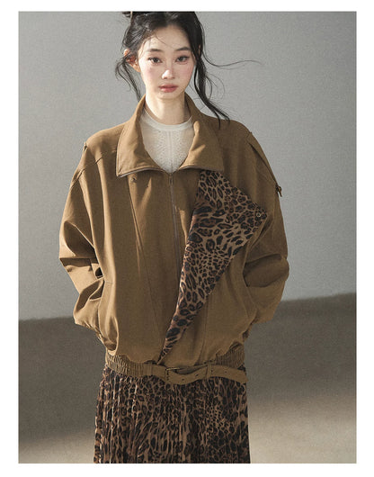AOMALM - “Acorn & Fallen Leaves” Korean Leopard Print Chestnut Brown Faux Suede Jacket