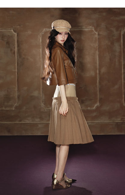 "Scholarly Muse" Khaki Faux Leather Jacket & Mixed-Media Pleated A-Line Skirt Set