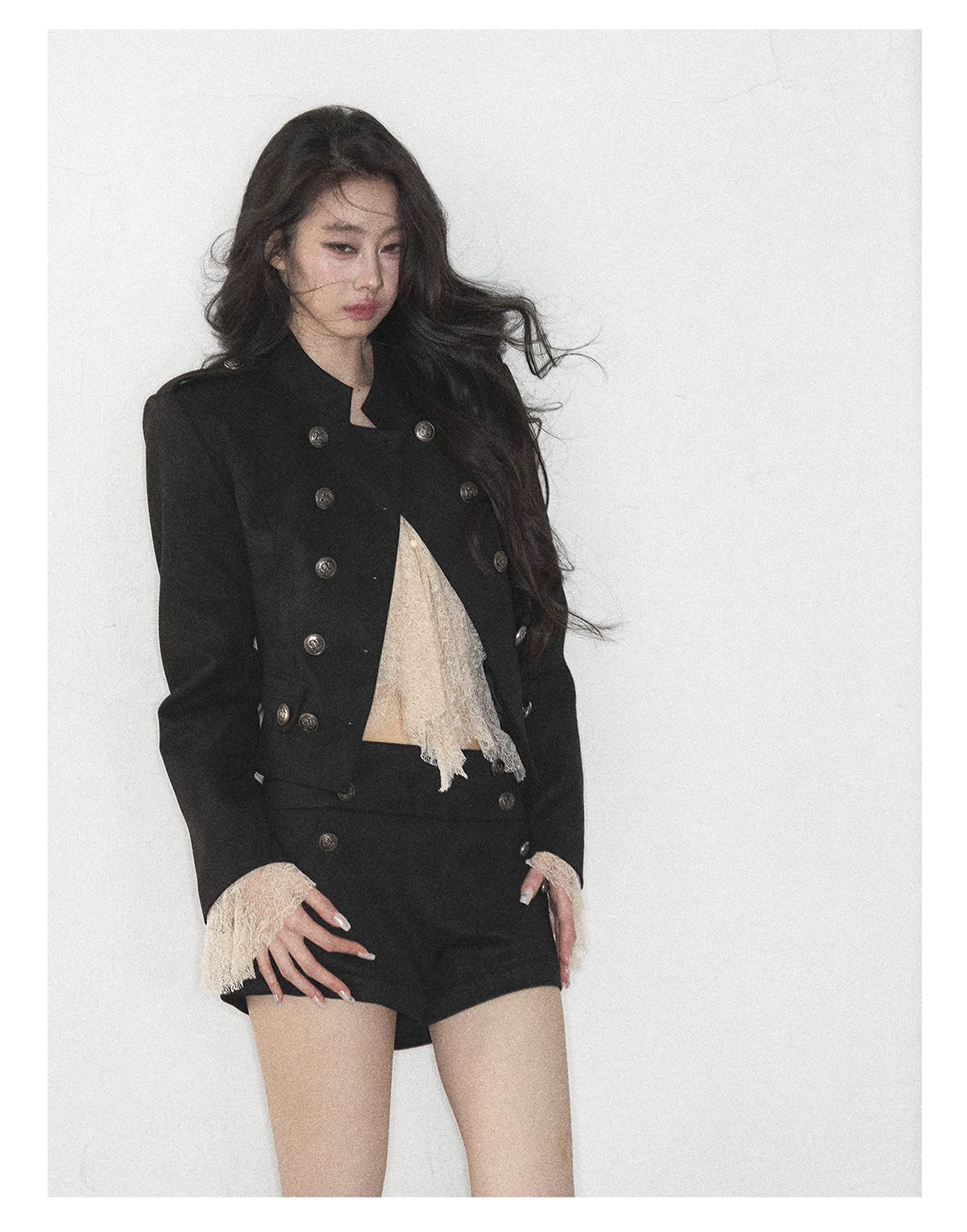 AOMALM - Black Napoleon-Style Jacket & Shorts Set with Milk Tea Top