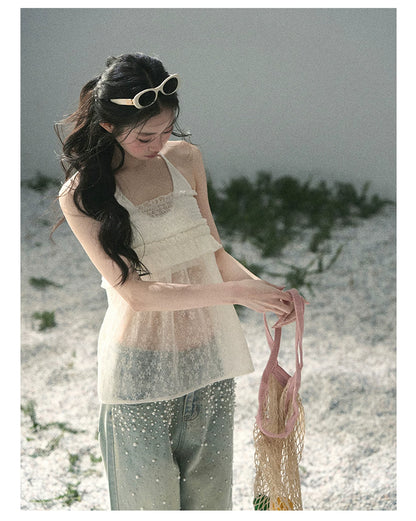 “Shattered Glasslight Veil” Cream Lace Halter Twinset Top