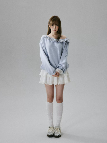 LOST FOREST - Heather Gray One-Shoulder Eyelash Lace Cotton Sweatshirt